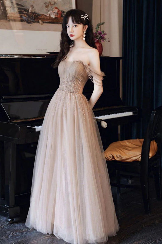 Elegant A Line Off the Shoulder Champagne Floor Length Formal Dress