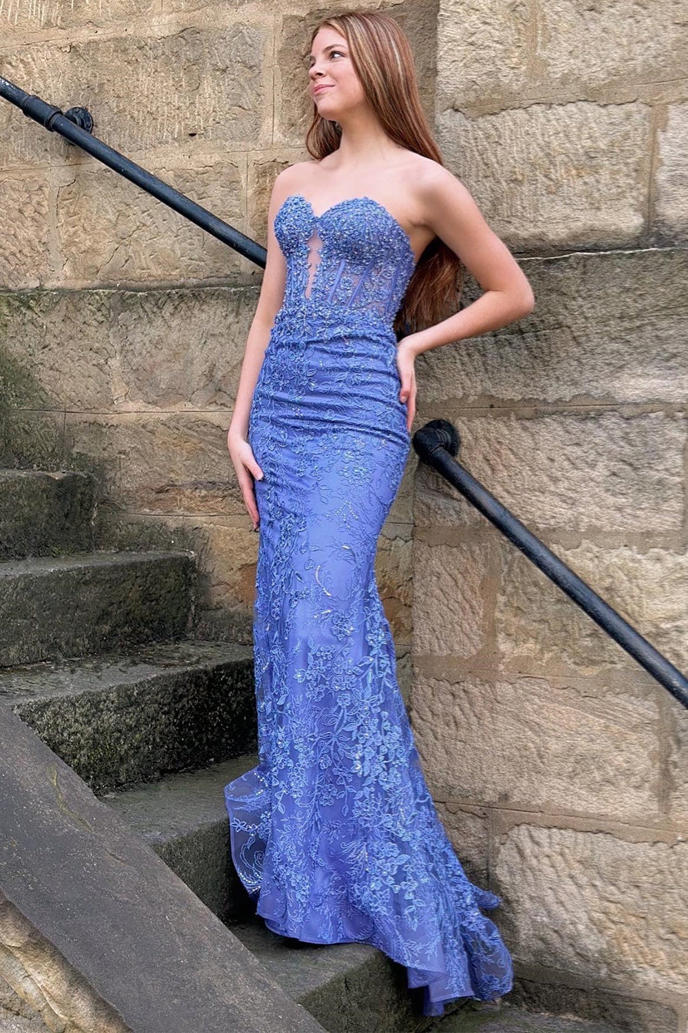 Glitter Blue Mermaid Sweetheart Long Prom Dress with Appliques