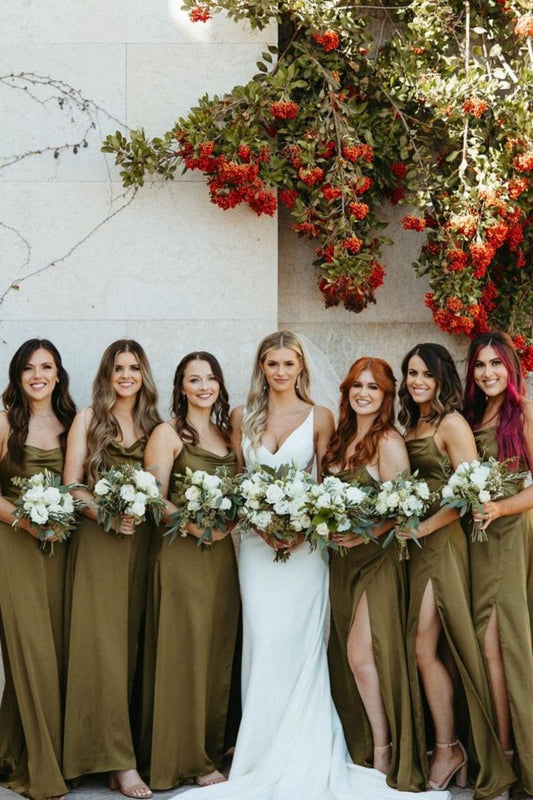 Simple A Line Spaghetti Straps Green Long Bridesmaid Dress