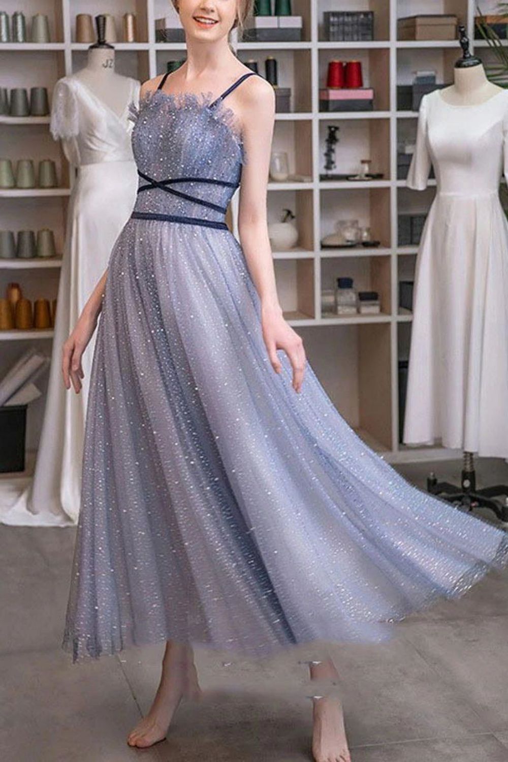 Charming A Line Spaghetti Straps Purple Long Prom Dress with Beading