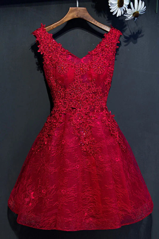 Burgundy V Neck Lace Short Homecoming Dress With Applique