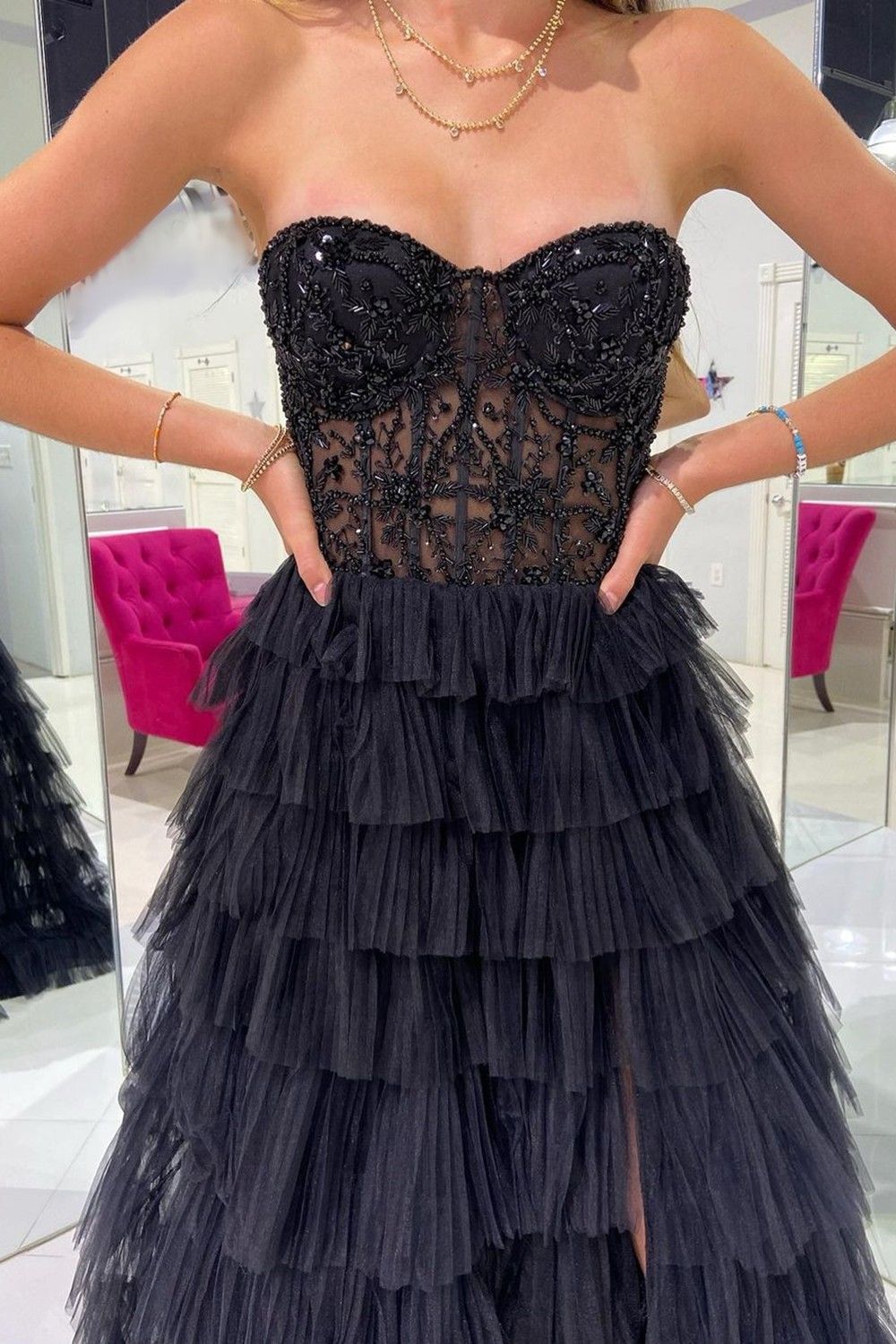 Stylish A Line Sweeteart Black Corset Prom Dress with Ruffles