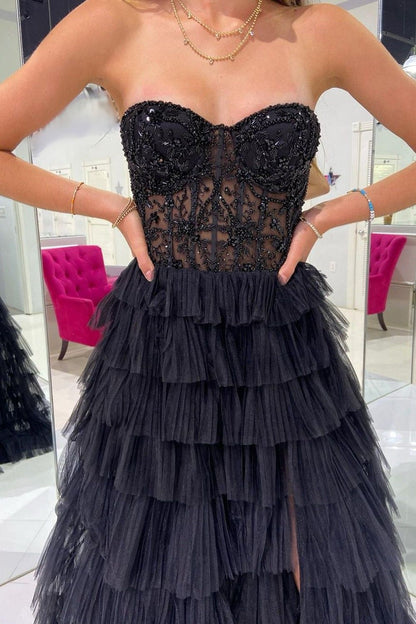 Stylish A Line Sweeteart Black Corset Prom Dress with Ruffles