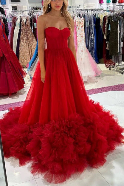 Charming A Line Sweetheart Red Corset Prom Dress with Ruffles