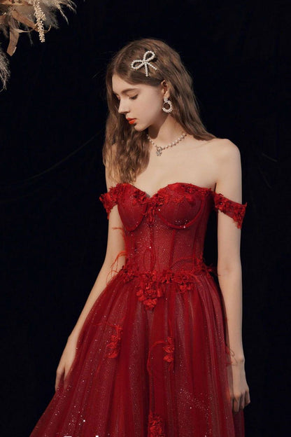 Gorgeous A Line Off the Shoulder Burgundy Long Formal Dress with Appliques