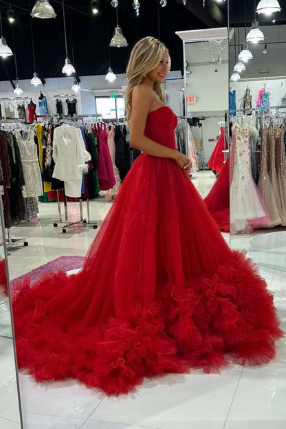 Charming A Line Sweetheart Red Corset Prom Dress with Ruffles
