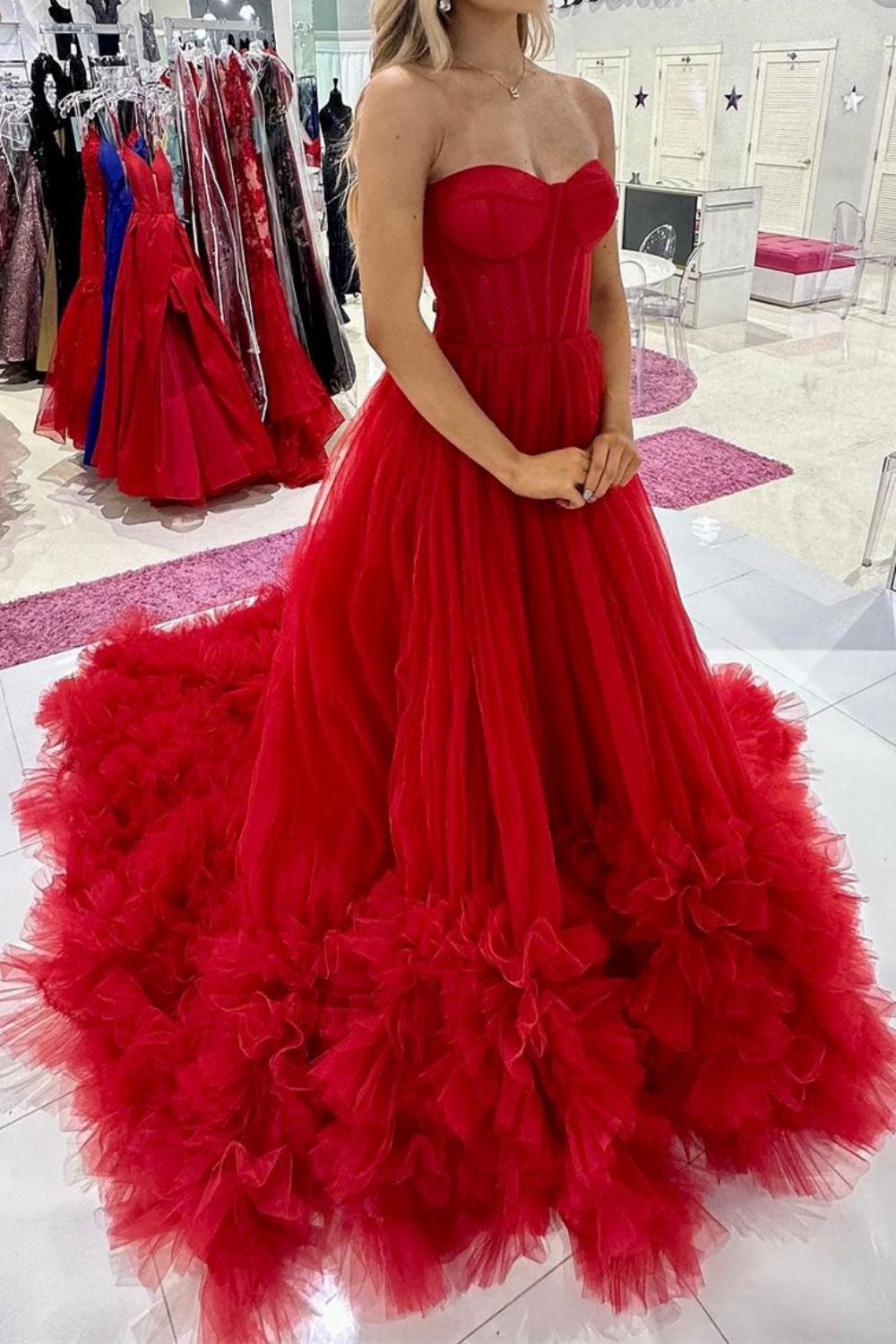 Charming A Line Sweetheart Red Corset Prom Dress with Ruffles