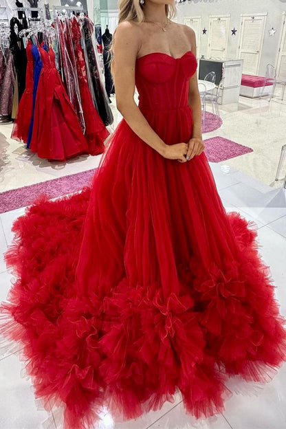 Charming A Line Sweetheart Red Corset Prom Dress with Ruffles