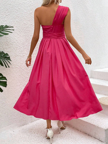 Women's Prom Dress Party Dress Wedding Guest Dress Long Dress Maxi Dress Fuchsia Sleeveless Plain Ruched Summer Spring Fall One Shoulder Elegant Wedding Guest Birthday Evening Party