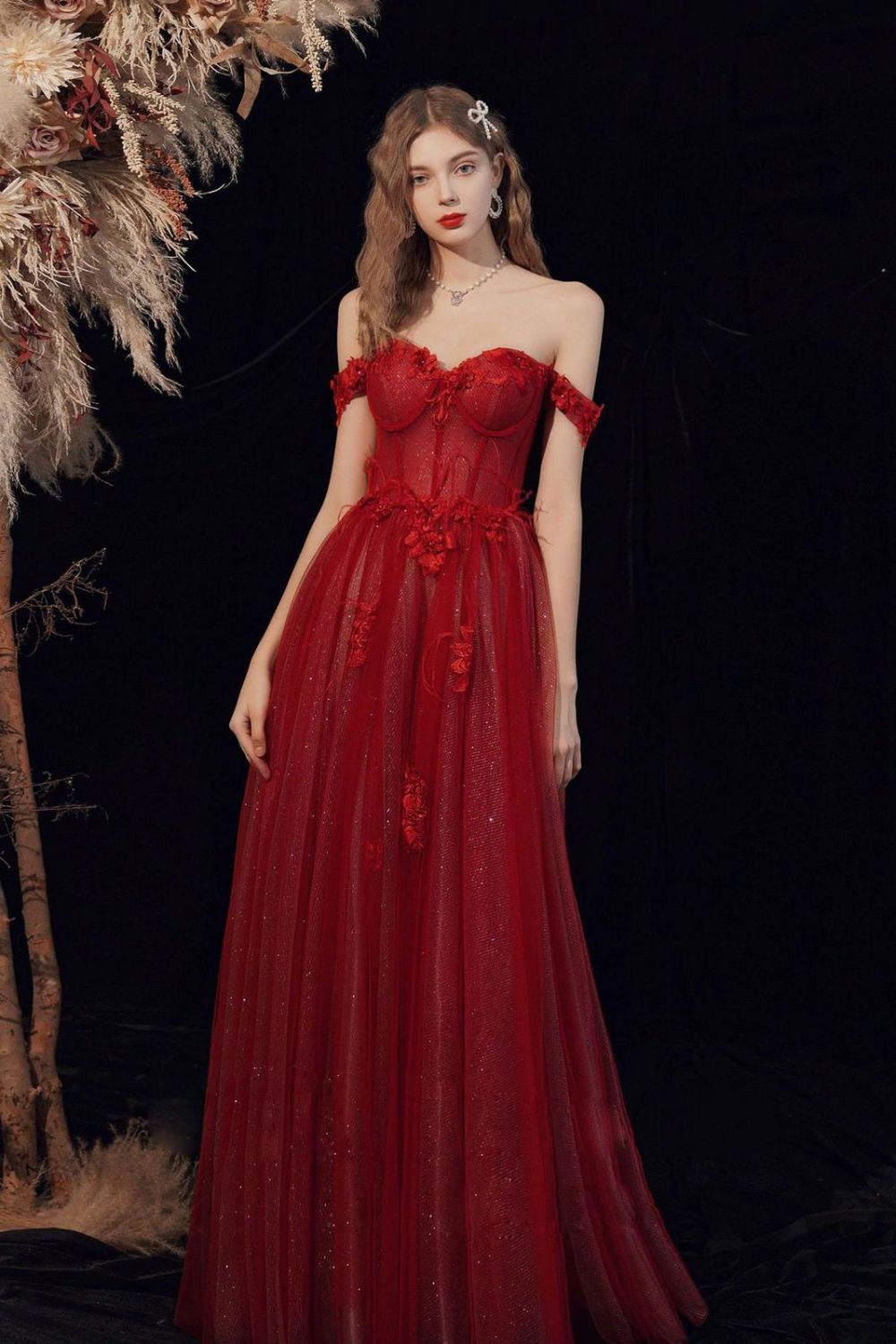 Gorgeous A Line Off the Shoulder Burgundy Long Formal Dress with Appliques