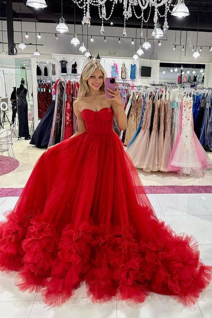 Charming A Line Sweetheart Red Corset Prom Dress with Ruffles