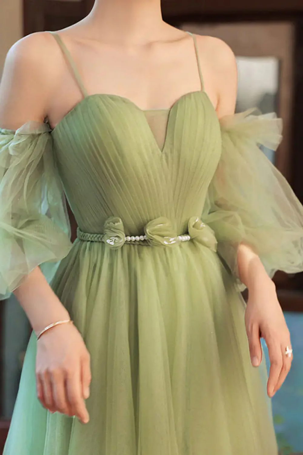Charming A Line Off the Shoulder Green Floor Length Prom Dress