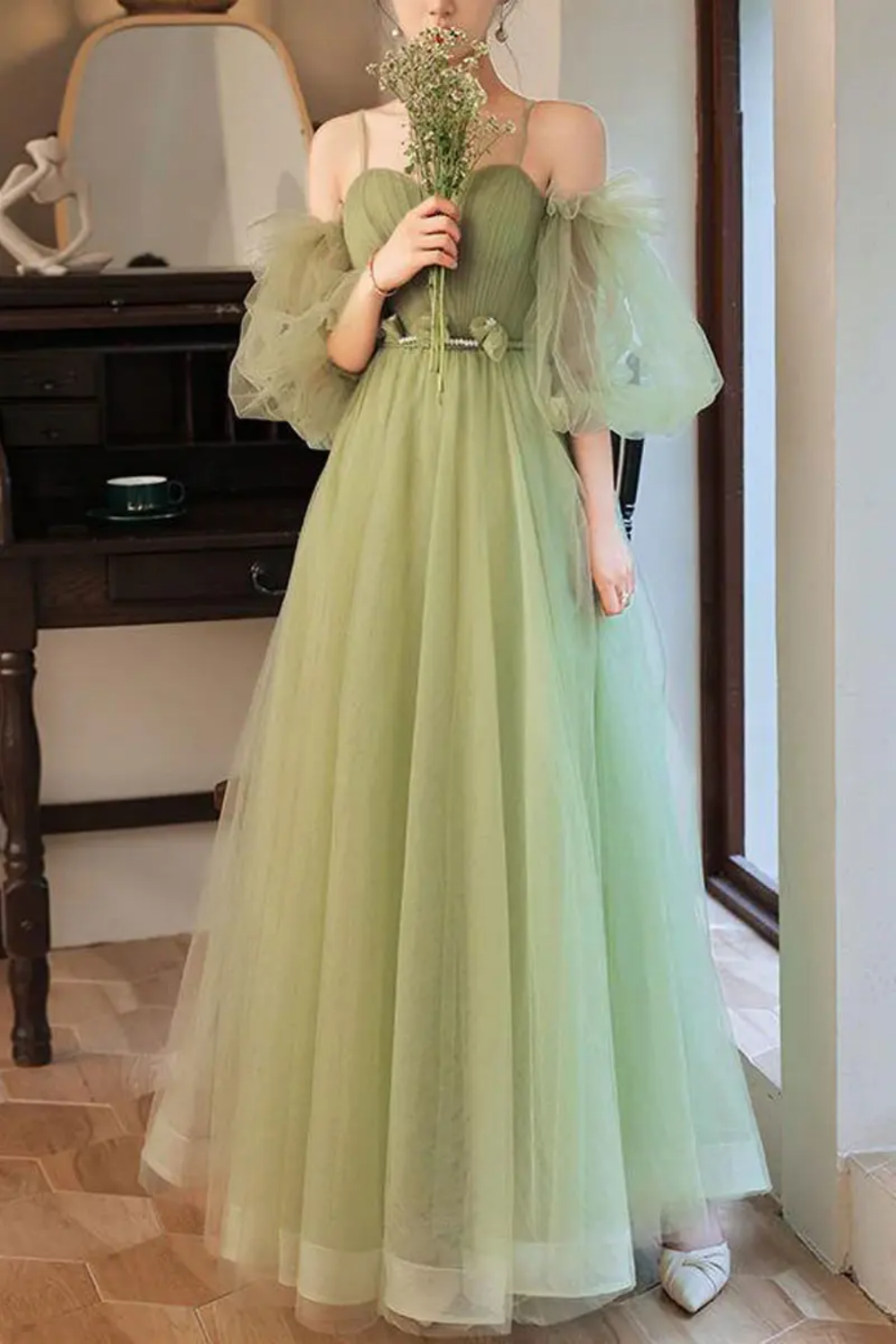 Charming A Line Off the Shoulder Green Floor Length Prom Dress