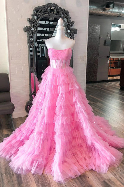 Sweet A-Line Strapless Long Tiered Glitter Tulle Prom Dress