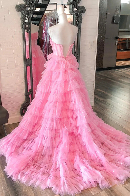 Sweet A-Line Strapless Long Tiered Glitter Tulle Prom Dress