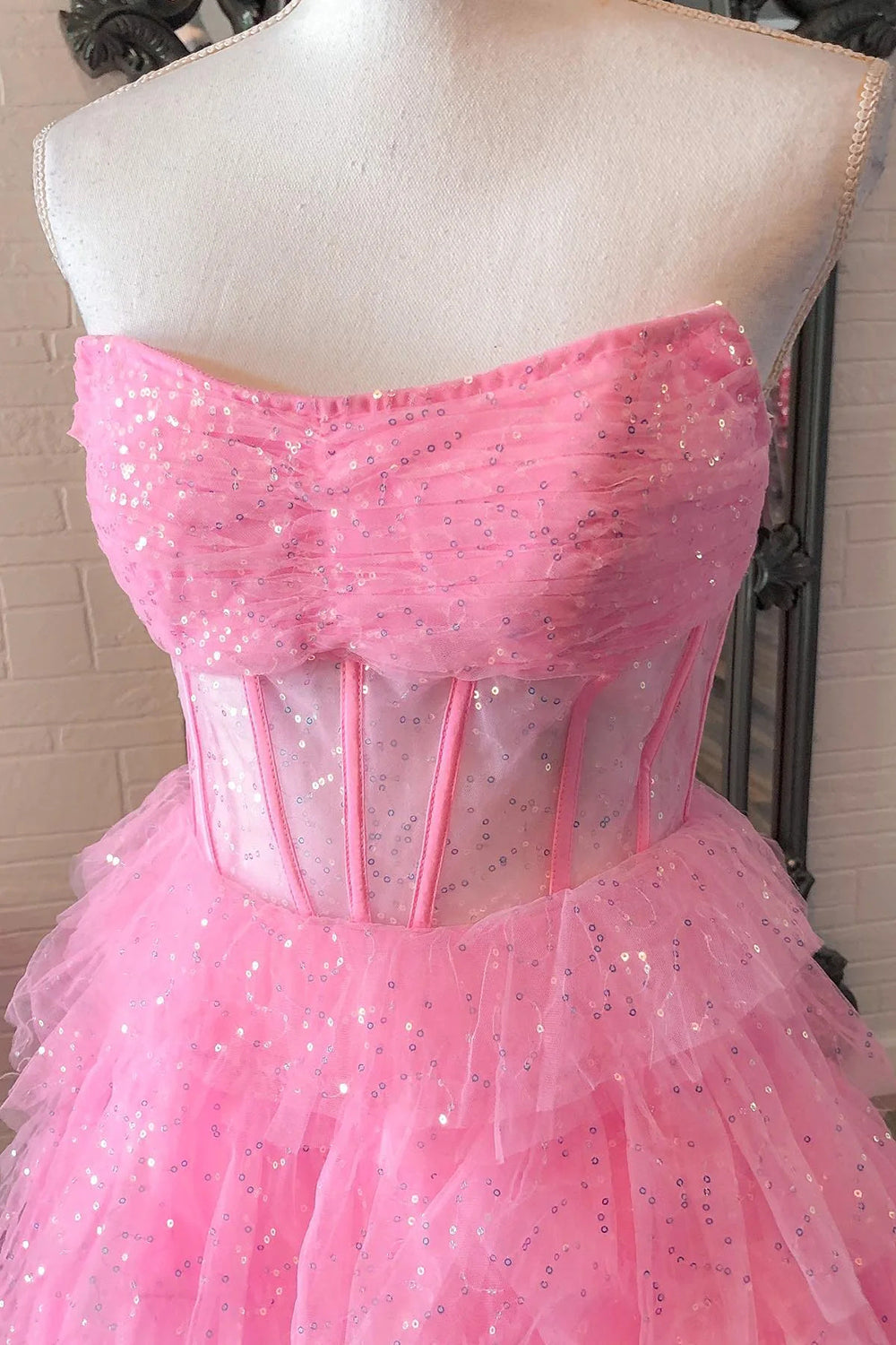 Sweet A-Line Strapless Long Tiered Glitter Tulle Prom Dress