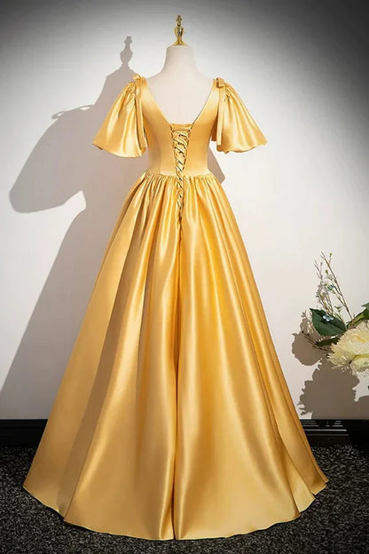 A-line Yellow Satin V-neckline Long Prom Dress