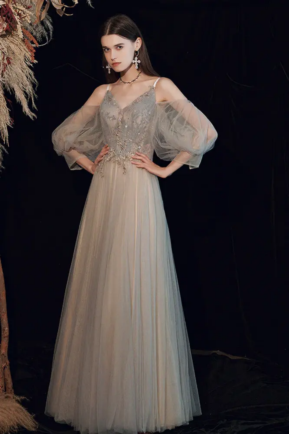 Beautiful A Line Off the Shoulder Light Grey Floor Length Formal Dress
