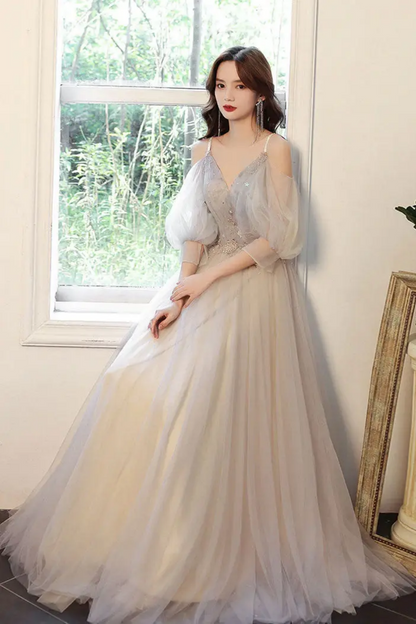 Beautiful A Line Off the Shoulder Light Grey Floor Length Formal Dress