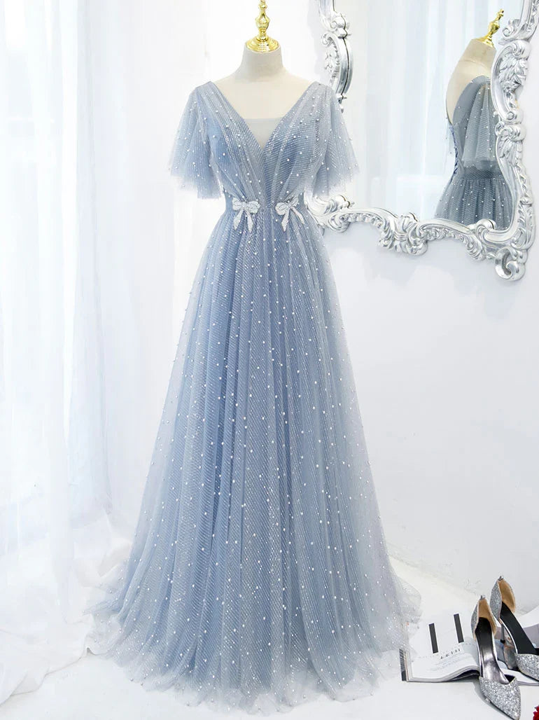 Bow Backless Blue V Neck Tulle Beads Long Evening Prom Dresses