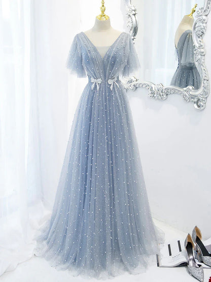 Bow Backless Blue V Neck Tulle Beads Long Evening Prom Dresses