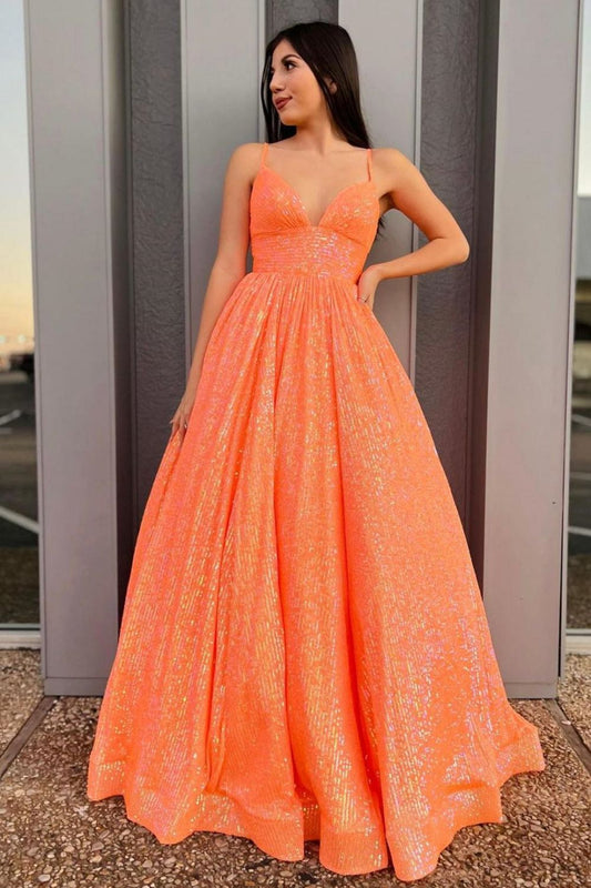 Beautiful A Line Spaghetti Straps Orange Sequins Long Prom Dress