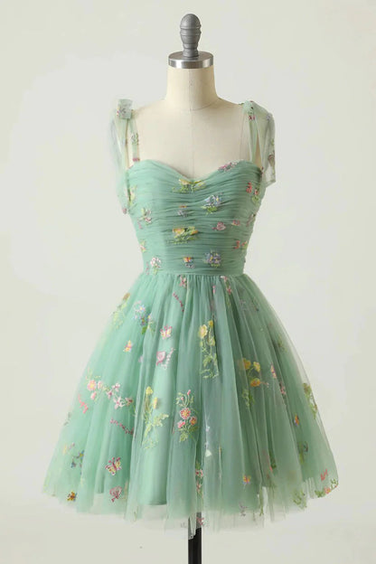 A Line Spaghetti Straps Champagne Short Homecoming Dress with Embroidery