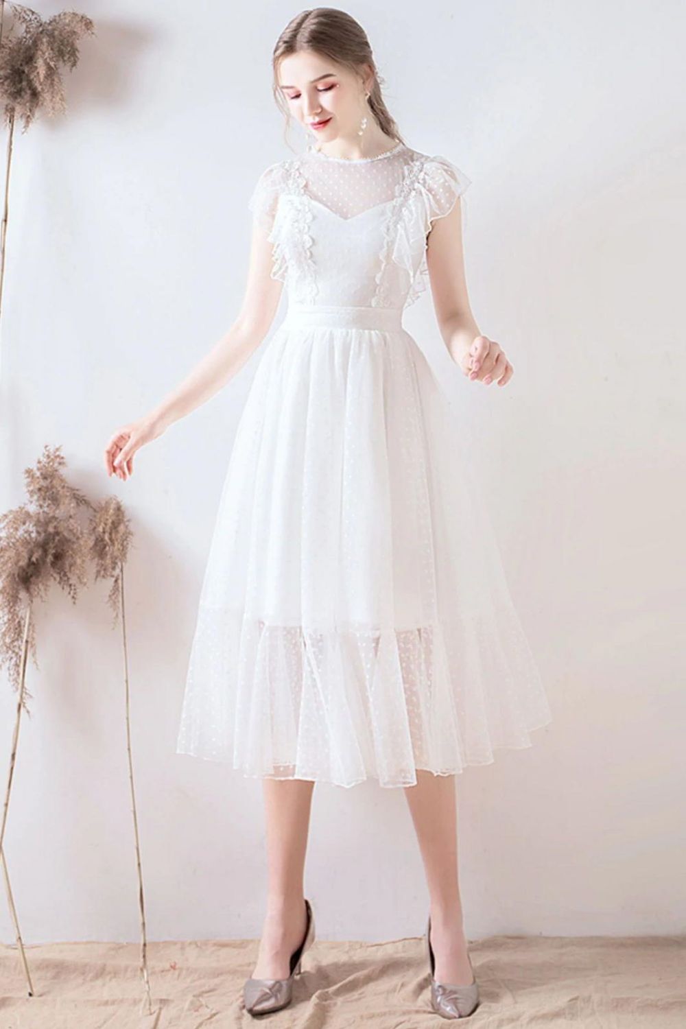 A Line Jewel White Formal Dress with Lace Ruffles