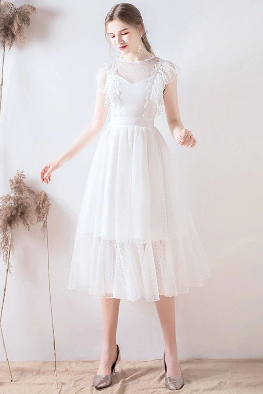 A Line Jewel White Formal Dress with Lace Ruffles