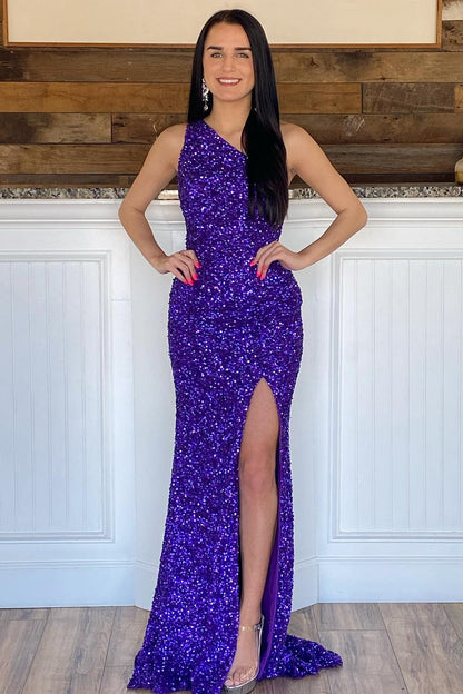 Sheath One Shoulder Purple Sequins Long Prom Dress with Silt