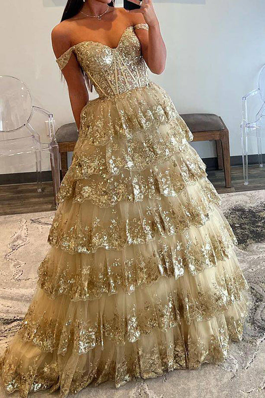 Princess A Line Off the Shoulder Golden Long Prom Dress with Ruffles