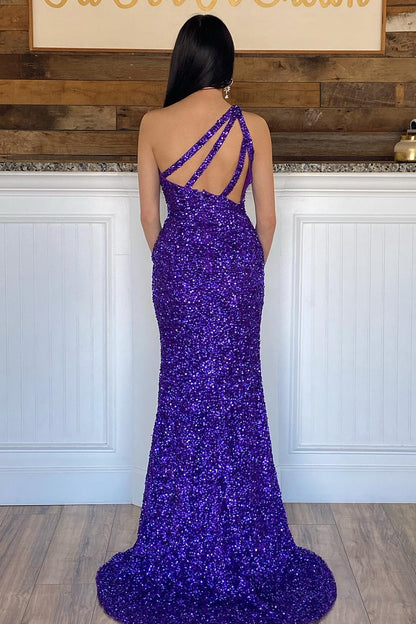 Sheath One Shoulder Purple Sequins Long Prom Dress with Silt