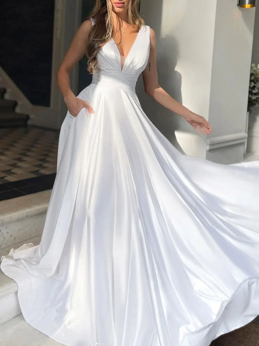 Simple v neck white Aline satin long prom dress