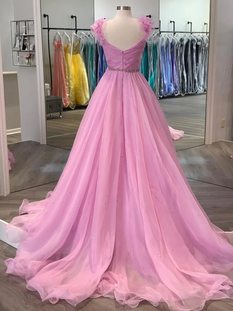 Organza Ruffles V-neck Sleeveless Sweep/Brush Train Dresses