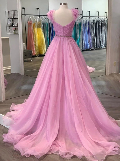 Organza Ruffles V-neck Sleeveless Sweep/Brush Train Dresses