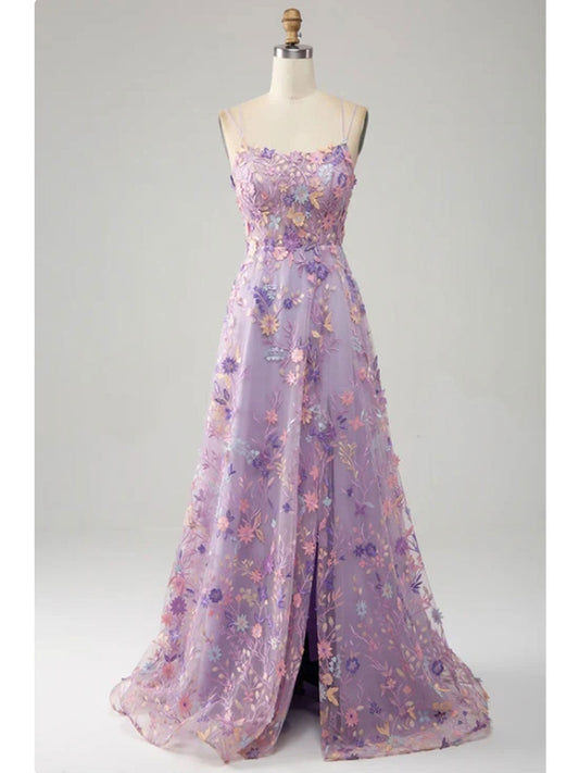 Dress A-Line/Princess Spaghetti Straps Elegant Formal Dress Floor-Length Tulle Sleeveless Evening Gown Prom Dress With Appliques Slit