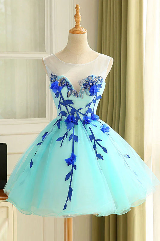 Cute blue organza short Homecoming Dresses