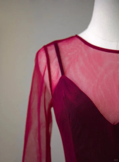 A-line Wine Red Velvet and Tulle Long Party Prom Dress