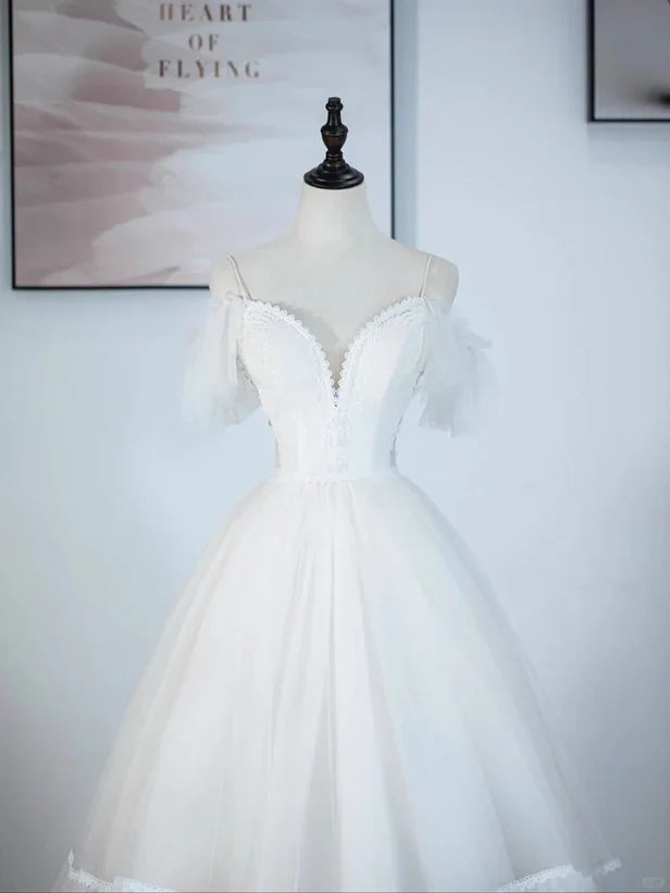 A-line Ivory Tulle V-neckline Straps Off Shoulder Prom Dress