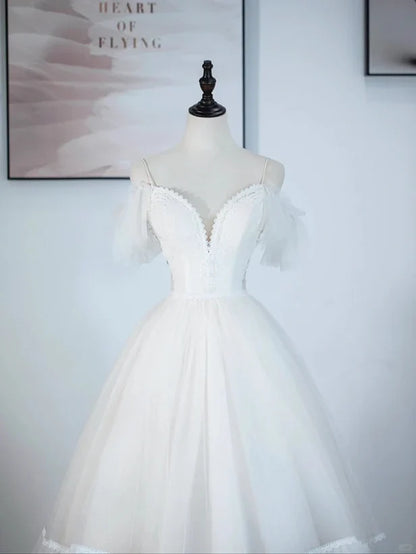 A-line Ivory Tulle V-neckline Straps Off Shoulder Prom Dress