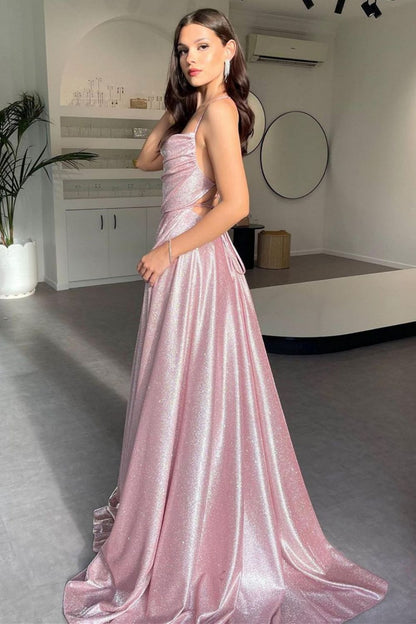 Simple A Line Spaghetti Straps Pink Long Prom Dress with Split Front