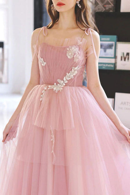 Elegant A Line Spaghetti Straps Pink Long Prom Dress with Appliques