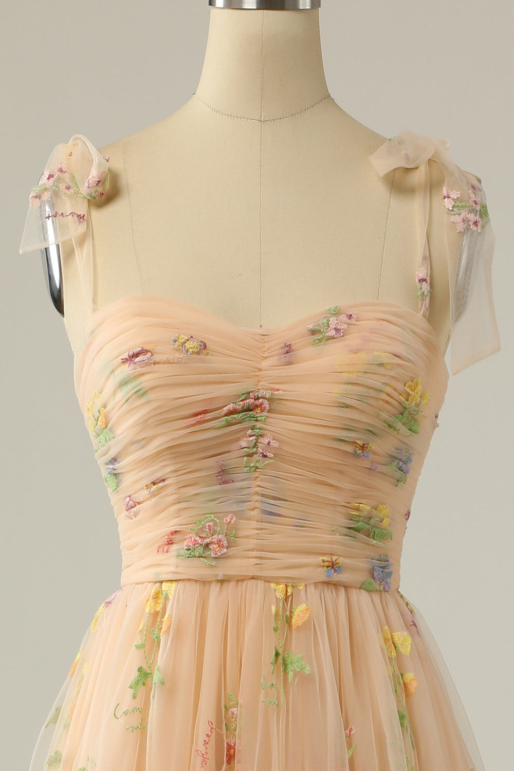 Elegant A Line Spaghetti Straps Champagne Long Prom Dress with Embroidery