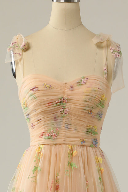 Elegant A Line Spaghetti Straps Champagne Long Prom Dress with Embroidery
