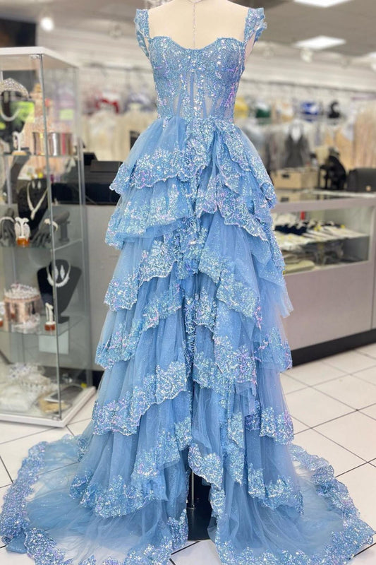 Princess A Line Sweetheart Blue Corset Prom Dress with Lace Ruffles