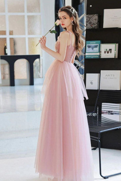 Elegant A Line Spaghetti Straps Pink Long Prom Dress with Appliques