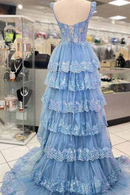 Princess A Line Sweetheart Silver Corset Prom Dress with Lace Ruffles