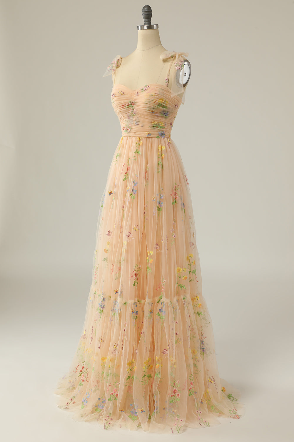 Elegant A Line Spaghetti Straps Champagne Long Prom Dress with Embroidery