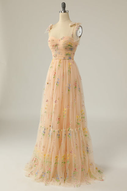 Elegant A Line Spaghetti Straps Champagne Long Prom Dress with Embroidery