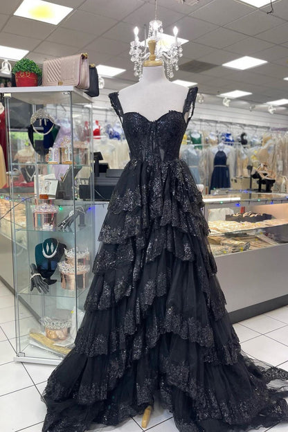 Princess A Line Sweetheart Blue Corset Prom Dress with Lace Ruffles